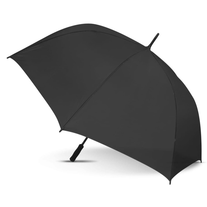 A black sports umbrella with a curved canopy and a sturdy handle. It features a branding logo.