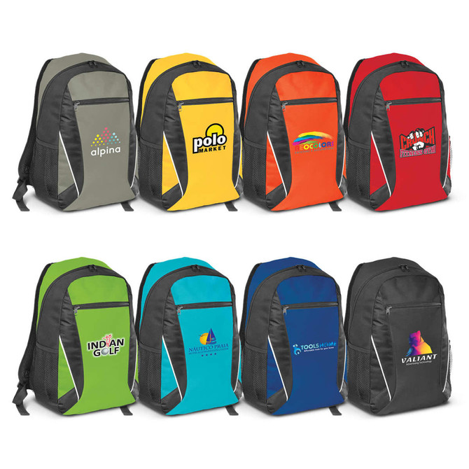 A variety of backpacks in different colours: grey, yellow, orange, green, and blue, each featuring a logo.