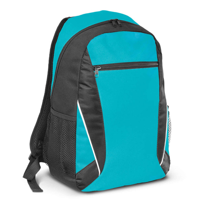 A turquoise and black backpack featuring a front zip pocket and side mesh pockets, also has a logo.