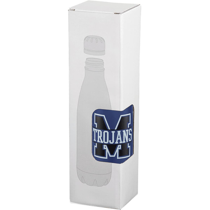 A white box designed for packaging a pen, featuring a logo and an image of a drink bottle.