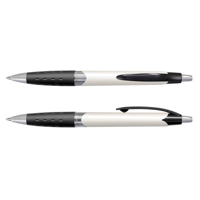 A plastic pen featuring a black and cream design, with a grip section and a click mechanism. It has a logo.