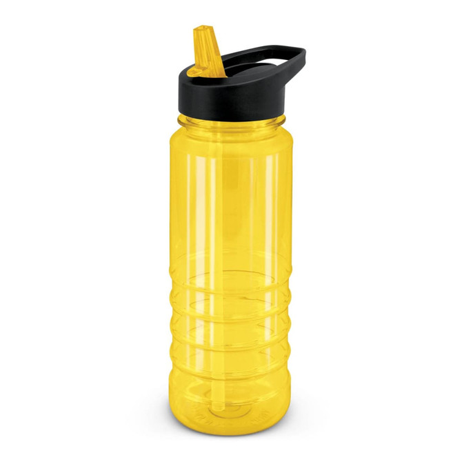 A drink bottle in bright yellow with a black lid and a built-in straw. It features a logo on the side.