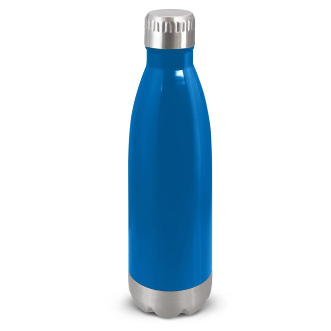 A drink bottle with a bright blue body and a silver base, featuring a stainless steel cap and a logo.