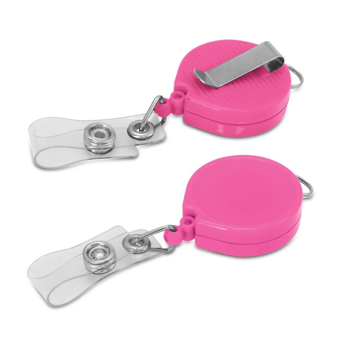A pink retractable ID holder featuring a clip for easy attachment and a transparent strap for securing IDs or badges.