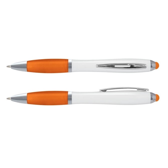 A stylus pen featuring a white barrel with orange accents and a silver clip. The pen has both a ballpoint and a stylus tip.