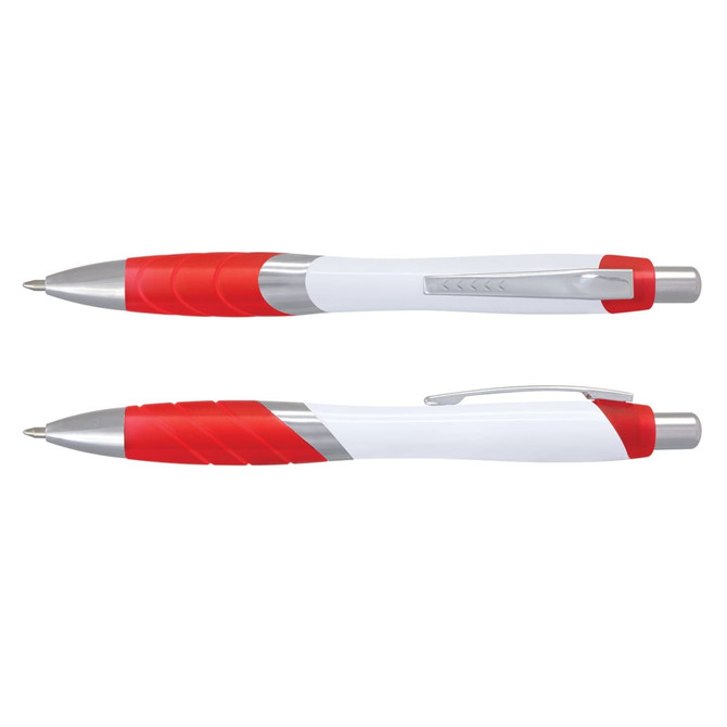 A plastic pen with a white barrel and red accents, featuring a silver clip and grip sections.