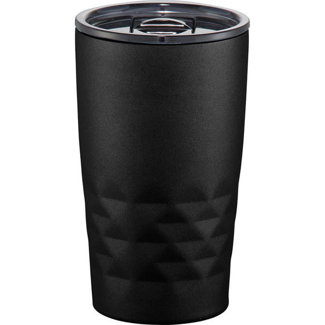 A drink bottle in matte black with a textured design and a silver lid, featuring a logo on the side.