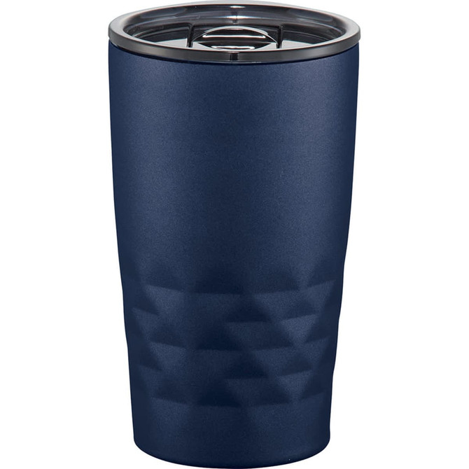 A drink bottle in dark blue, featuring a textured design and a stainless steel cap, with a logo on the side.