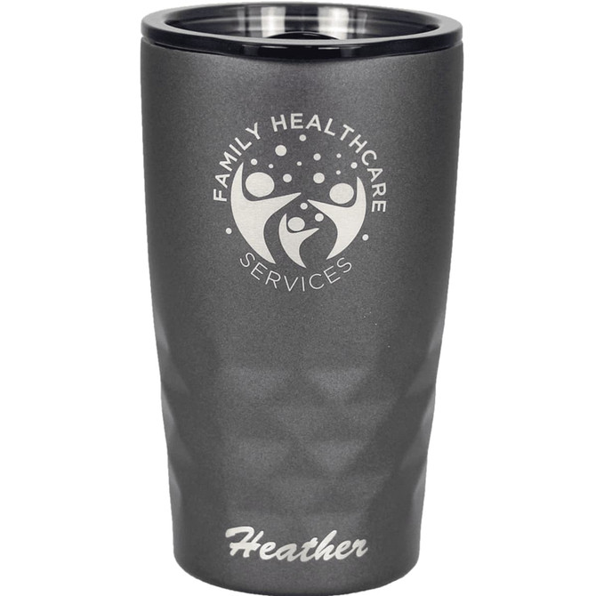 A drink bottle featuring a sleek black exterior with a textured finish and a logo on the front.