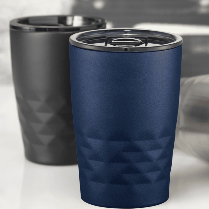 A drink bottle featuring a navy blue and a matte black insulated tumbler with a textured design and lids.