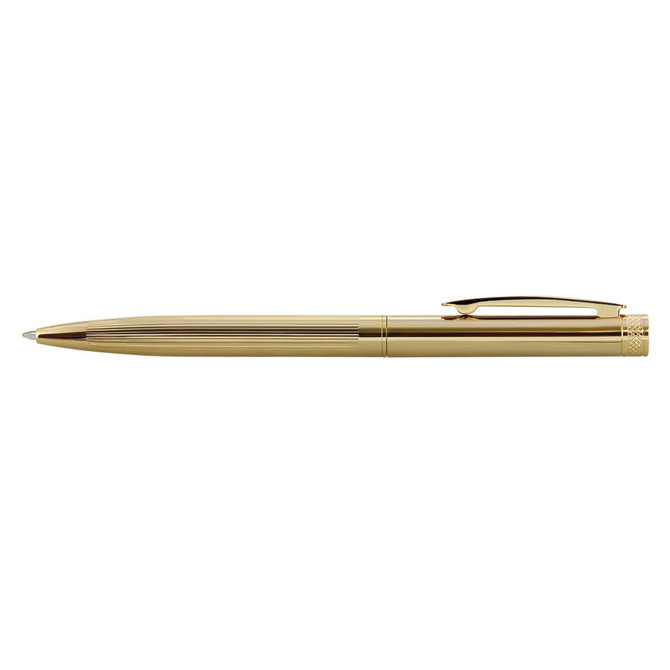 A gold metal pen with a sleek design and a clip, featuring a textured grip and branding.
