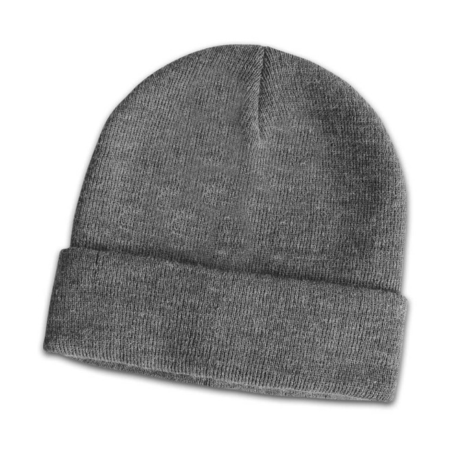 A grey wool blend beanie with a folded cuff and a smooth texture, featuring a logo on the side.