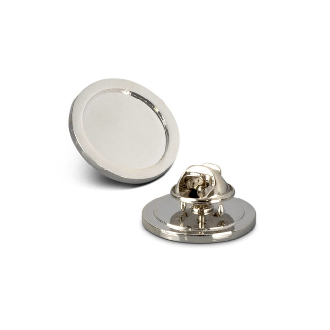 A round small lapel pin with a shiny silver finish and a secure clasp mechanism at the back.