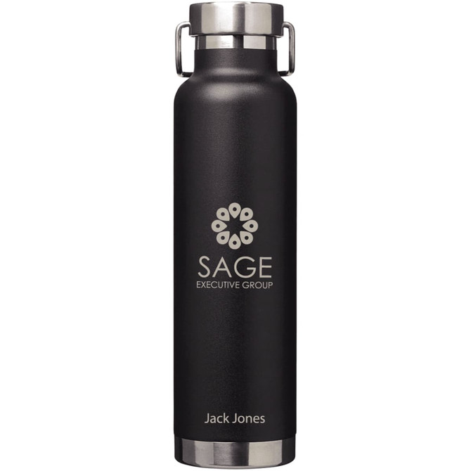 A drink bottle in matte black with a stainless steel lid and a logo, designed for vacuum insulation.