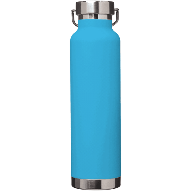 A drink bottle in vibrant blue with a stainless steel base and cap, featuring a secure lid and a logo.