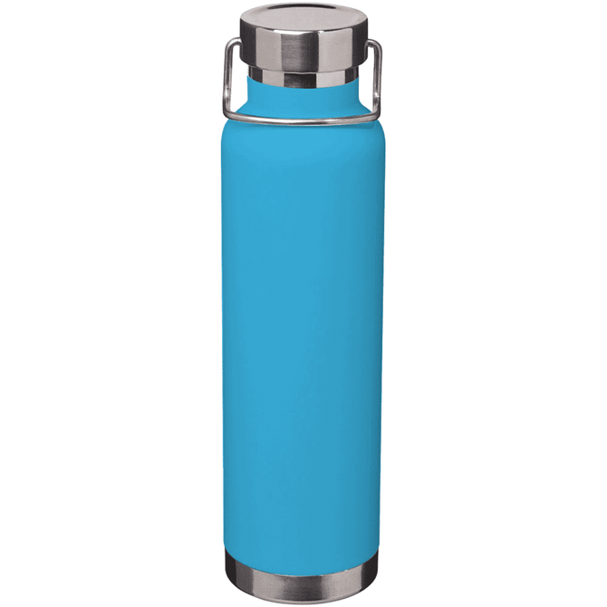 A drink bottle in bright blue with a stainless steel cap and handle, featuring a logo. Holds 650ml.