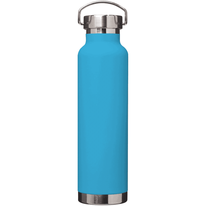 A drink bottle in bright blue with a stainless steel base and a metal screw-top lid, featuring a logo.