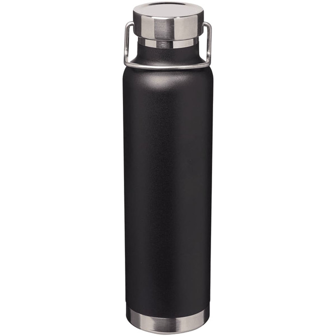 A drink bottle in black with a stainless steel base and lid, featuring a logo. Holds 650ml.