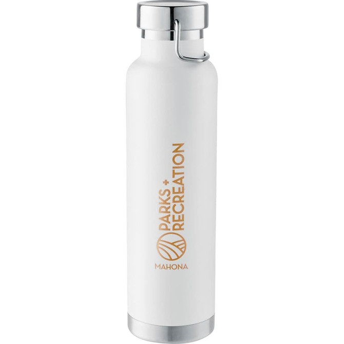 A drink bottle in white with a stainless steel lid and a logo. It features a sleek, modern design and is vacuum insulated.