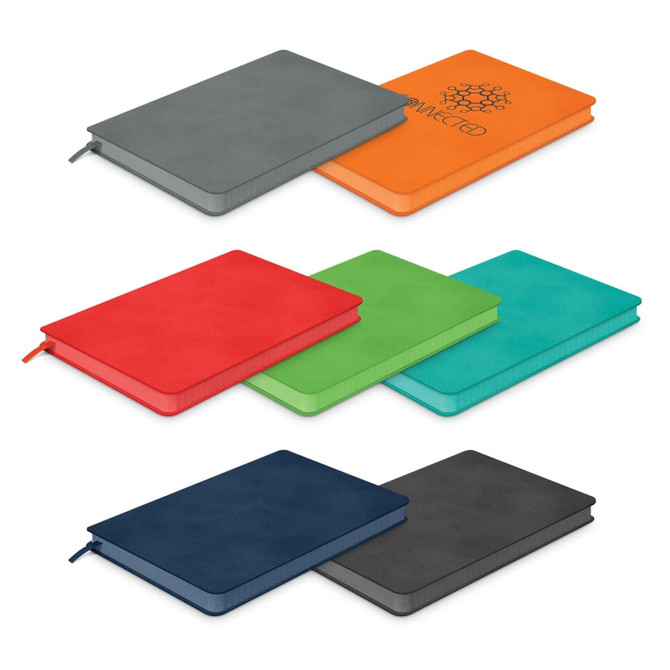A medium notebook in various colours including grey, orange, red, green, turquoise, and navy, featuring a logo.