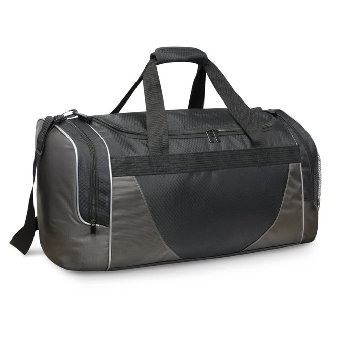 A black and grey Excelsior duffle bag with multiple compartments and a carry strap. Features a logo on the side.
