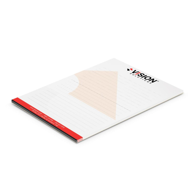 A6 notepad with 25 leaves, featuring a white cover with a red and beige design and a logo.