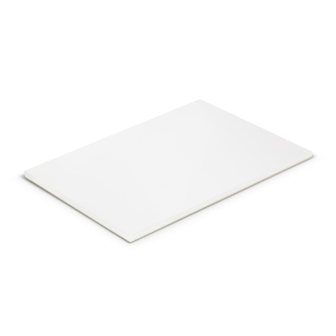 A4 notepad with 25 white leaves, featuring a simple design and a logo on the top.