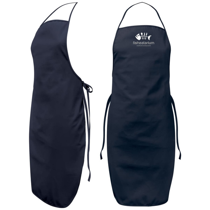 Navy blue apron with a logo, featuring ties at the waist and a simple design for workwear use.