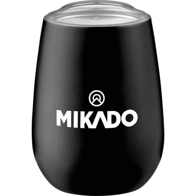 A drink bottle featuring a black insulated design with a clear lid and a logo on the front.