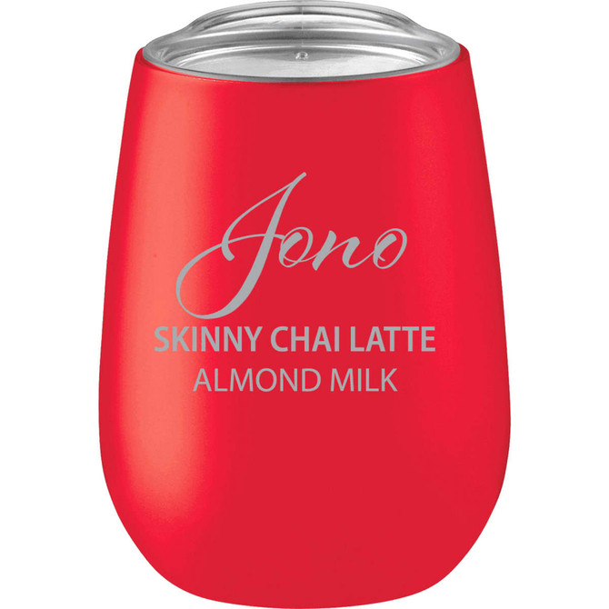 A drink bottle featuring a red vacuum insulated design with a clear lid and an engraved logo.