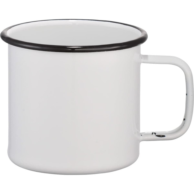 A drinkware enamel metal cup in white with a black rim and handle. It features a logo on its surface.