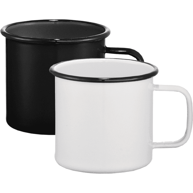 A drinkware set featuring a black and a white enamel metal cup, each with a contrasting rim and handle.