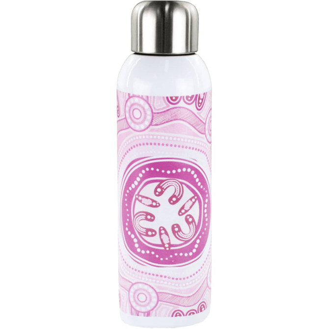 A drink bottle with a pink and white patterned design and a stainless steel lid. It features a logo.
