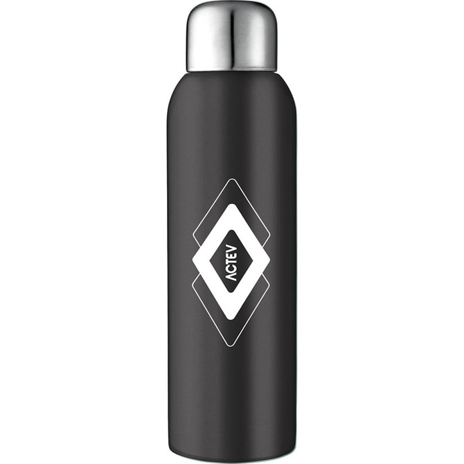 A drink bottle in black stainless steel with a silver lid and a logo design. Perfect for sports and hydration.