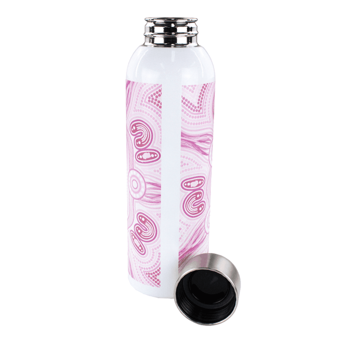 A drink bottle in white with a pink tribal pattern and a stainless steel lid, featuring a logo.
