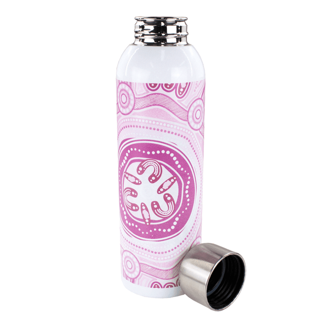 A drink bottle with a pink design and a stainless steel lid, featuring a logo on the side.