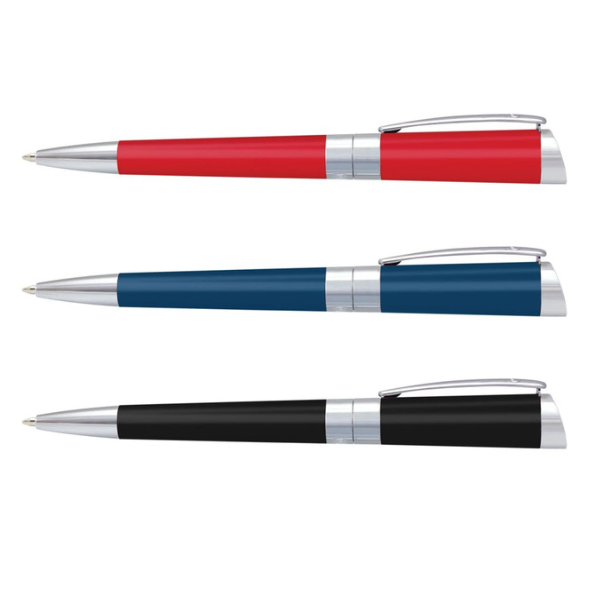 A set of three metal pens in red, blue, and black, featuring silver accents and a branding logo.