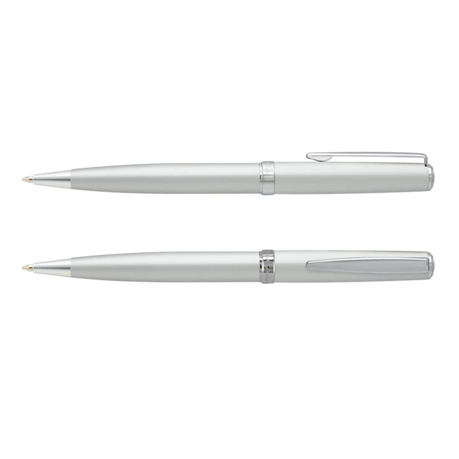 A set of silver metal pens with a sleek design and a branding logo on one side.