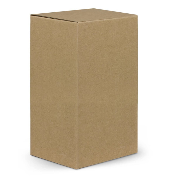 A plain brown cardboard box, featuring a rectangular shape with a smooth surface, suitable for packaging items.