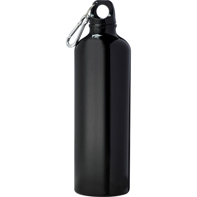 A drink bottle in black aluminium featuring a carabiner for easy attachment. It has a sleek, tall design and a logo.