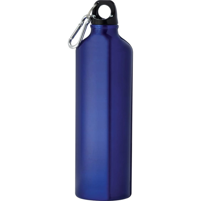 A drink bottle made of aluminium in a deep blue colour, featuring a black cap and a carabiner attachment.