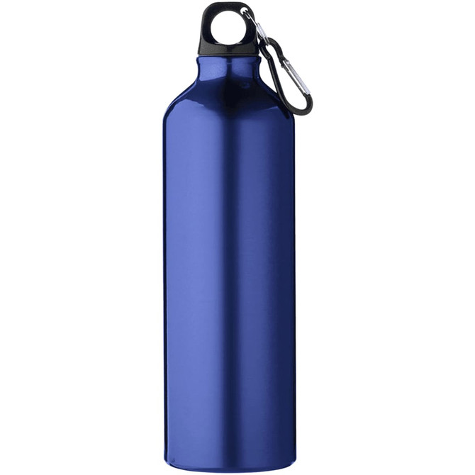 A drink bottle in a shiny blue finish, featuring a looped top and a carabiner clip. It has a logo on the side.