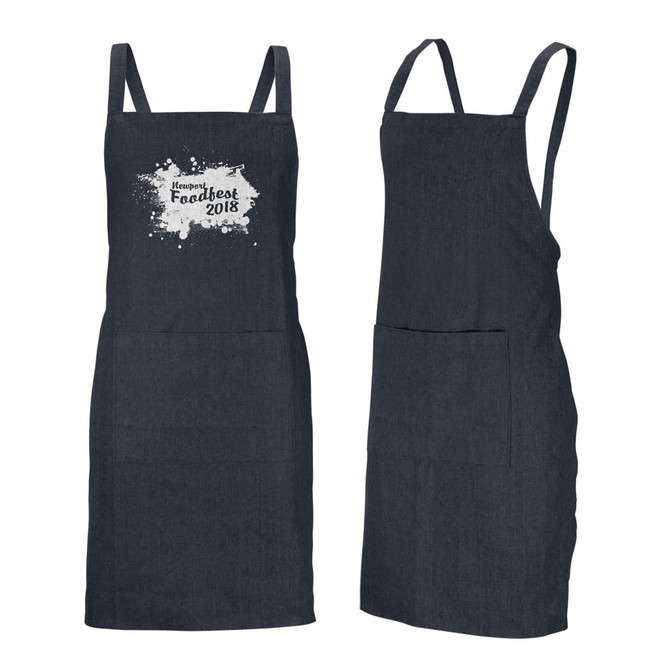 A dark denim bib apron featuring adjustable straps and a front pocket. It has a logo on the front.