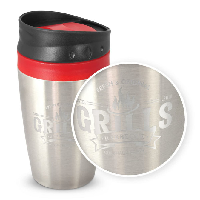 A stainless steel coffee cup with a red silicone lid, featuring an engraved design and a logo.