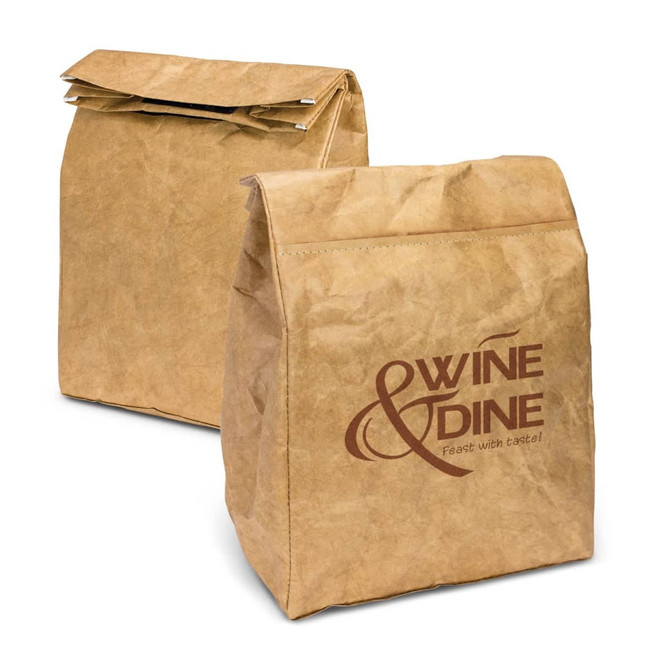 A brown Kraft cooler lunch bag with a fold-top design and a logo on one side.