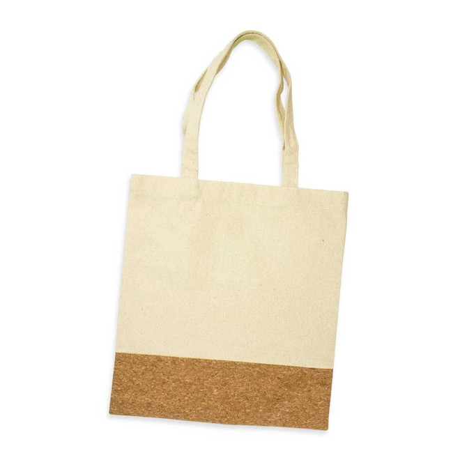 A cream tote bag with a cork bottom and two fabric handles. It features a branding logo.