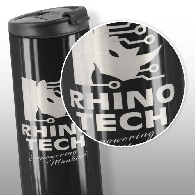 A vacuum cup in black with a silver logo and branding featuring a stylised rhino design.