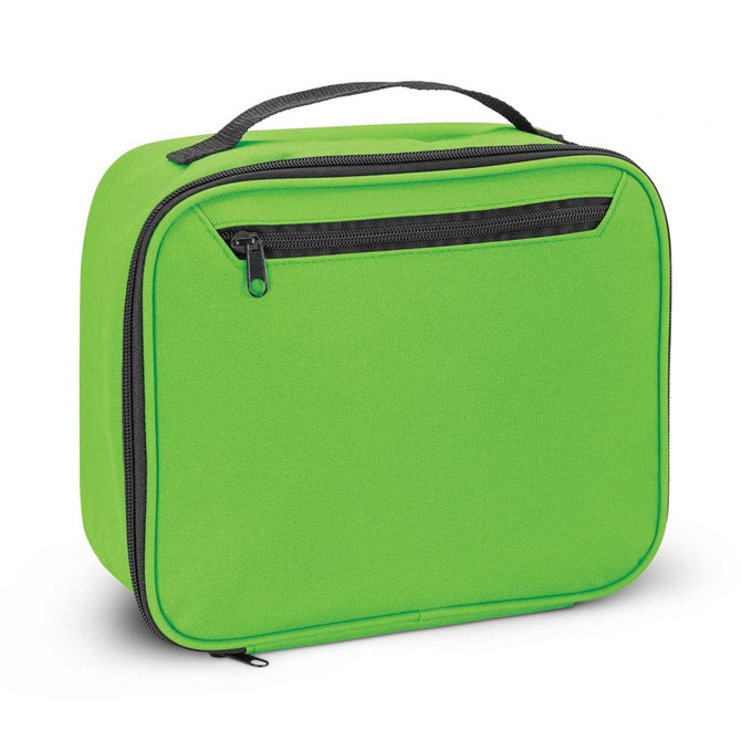 A green cooler bag with a zippered front pocket and a sturdy handle on top.