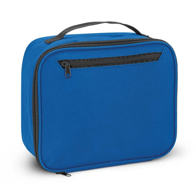 A blue lunch cooler bag with a zippered front pocket and a sturdy handle. It features a simple, clean design.