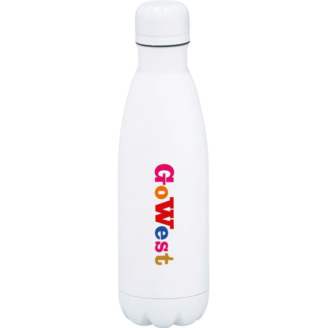A drink bottle in white, featuring a colourful logo, designed for insulation and holding 500ml.